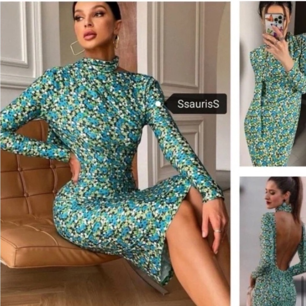💚 ZARA Bloggers Fav Long Sleeve Floral Backless Dress with Tie. LARGE - Picture 5 of 14